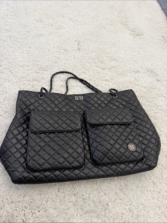 Affordable Luxury Quilted Black Chain-Handle Tote Bag with Front Pockets